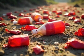 Scattered red litter, plastic bottles and wrappers on a dusty ground, harsh sunlight illuminating the debris, environmental pollution concept , environmental damage, planet