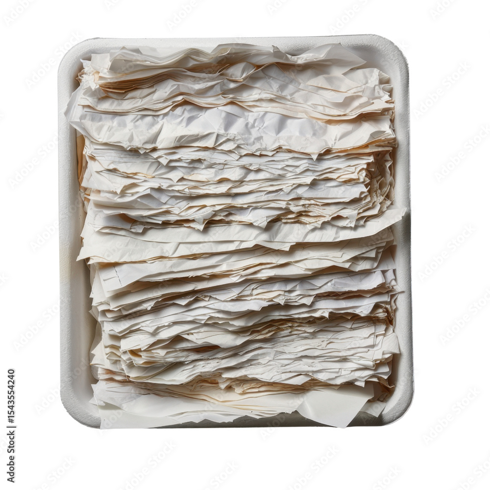 Poster tray filled with crumpled paper sheets, showcasing disorganized stack of white and beige paper. text