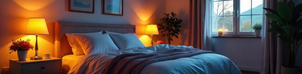 Serene bedroom illuminated by soft, warm ambient lighting Perfect for relaxation and a peaceful night's sleep Ideal for interior design, home decor, and real estate websites , illumination, minimal