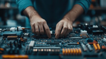 Obraz premium An individual's focused hands meticulously assemble electronic components on a motherboard, highlighting the intricate details and precision of modern technology.