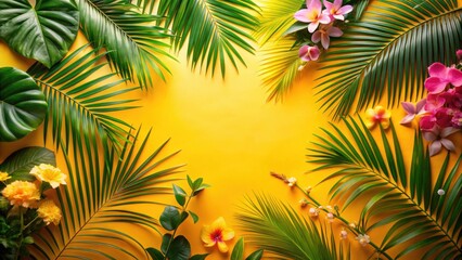 Vibrant Tropical Floral Arrangement on Sunny Yellow Background Featuring Lush Palm Fronds and Exotic Blooms