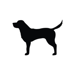Black silhouette of a standing dog facing left on a white background. Simple and clean vector illustration perfect for pet-related icons, signage, or minimalist graphic design elements.