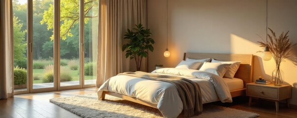 Serene bedroom sanctuary promoting relaxation and healthy sleep Soft lighting, calming colors, and natural textures create a peaceful atmosphere ideal for wellness , linen, wood