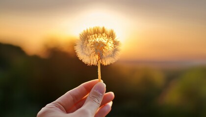 a hand gently holding a delicate dandelion seed illuminated by a warm glowing light