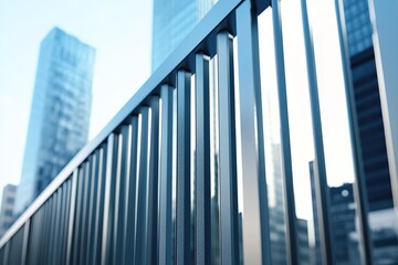 Contemporary architecture photo showing metal fence surrounding stylish city building, captured in clear daylight with soft focus urban skyline behind