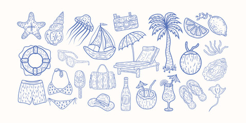Beachy doodles Mediterranean Hand drawn summer illustration set. Italian dolce vita. Minimalist line art. summer doodles Italian vacation, ocean and travel elements Coastal collection for card, prints