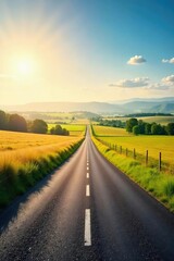 Serene country road stretching towards a distant horizon, sun-drenched fields and rolling hills under a clear sky Perfect for travel, nature, or rural themes , distant, hills, country road