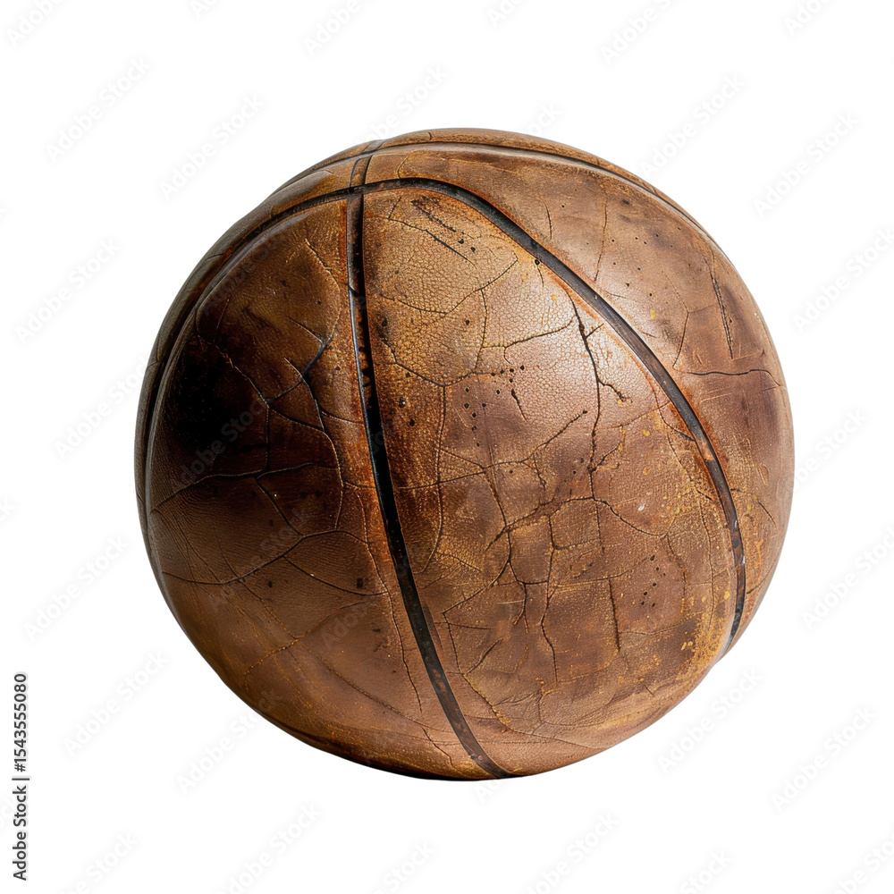 Poster worn basketball with textured surface and visible cracks, showcasing its age and use. ball features 