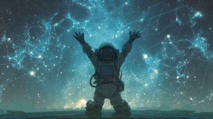 Fototapeta premium Alien astronaut celebrates cosmic golf hole in one in starry landscape