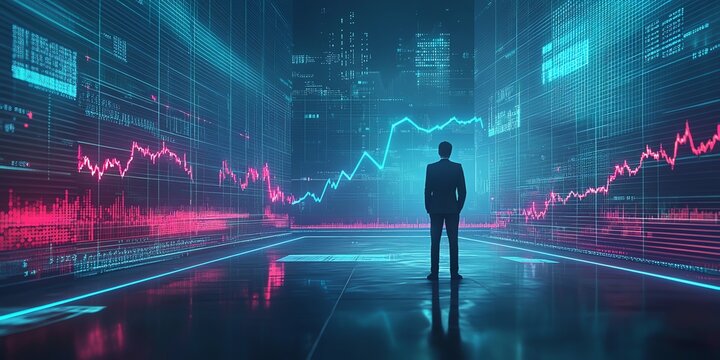 Character straightening up a rising blue curve 