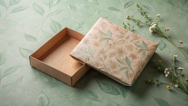 Empty eco-friendly gift box with floral wrapping paper and delicate wildflowers on a green background