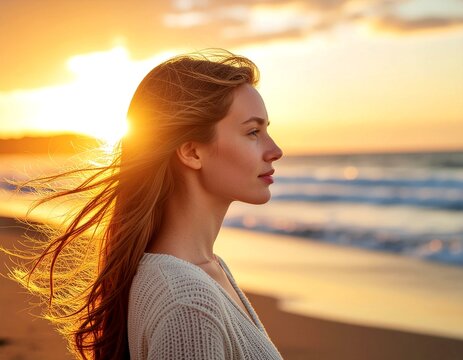 Profile portrait of a woman by the sea at sunset with wind in her hair