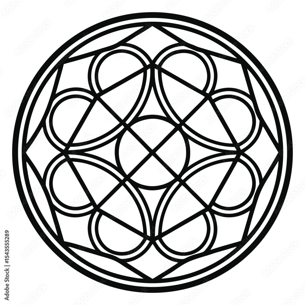 Poster abstract geometrical pattern: symmetrical round design with interlocking lines and floral elements i