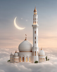 White building with a dome and a crescent moon in the sky. The building is a mosque and the moon is shining on it
