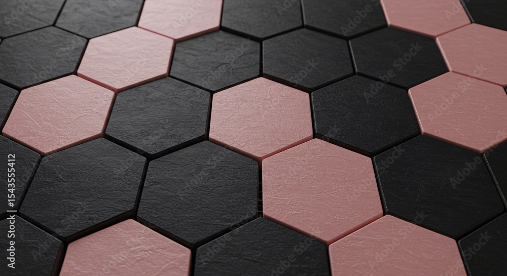 Poster close up of hexagon tiles in alternating black and pink colors creating a pattern