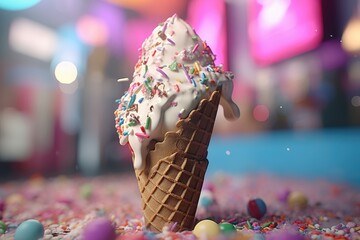 delicious soft ice cream in crispy cone with sprinkles