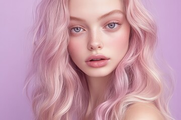 Fototapeta premium Close-up portrait of a young woman with vibrant pink hair.