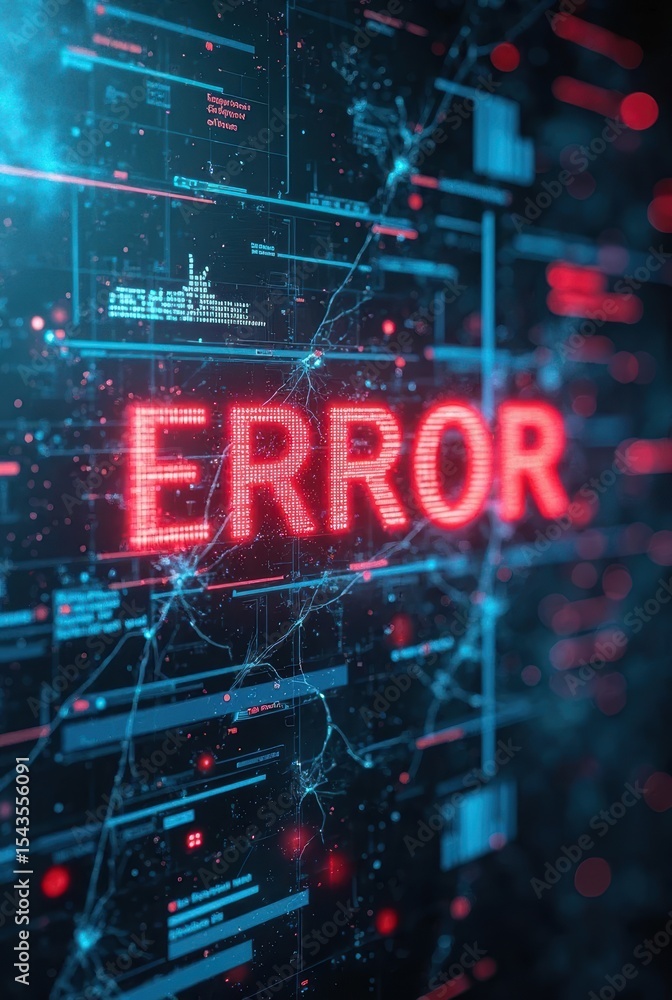 Poster glowing red error text flashes on a fractured digital display, surrounded by code, glitches, and sys