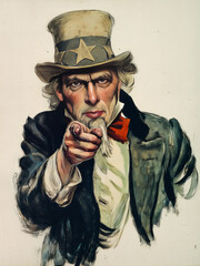 Vintage Illustration of a Man in Top Hat Pointing Directly Forward with Stern Expression