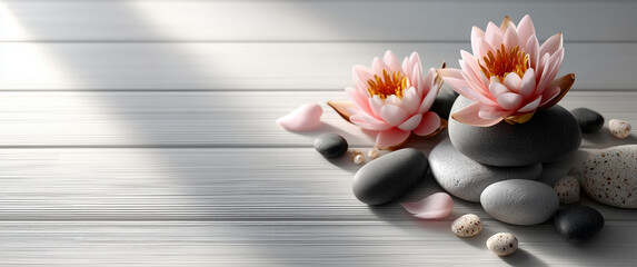 Pink lotus flowers on zen stones with soft light on wooden surface. Concept of spa relaxation, inner peace, and natural wellness aesthetics