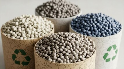 Recycled plastic pellets in eco-packaging, showcasing sustainable materials for environmentally friendly products