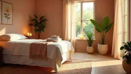 Serene spa treatment room, featuring calming colors, natural light, and aromatic candles, ready for a healing session Perfect for promoting relaxation and wellness services , spa, balance