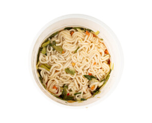 Dry instant noodles in cup isolated. Raw spaghetti in a plastic cup, fast food pasta in container