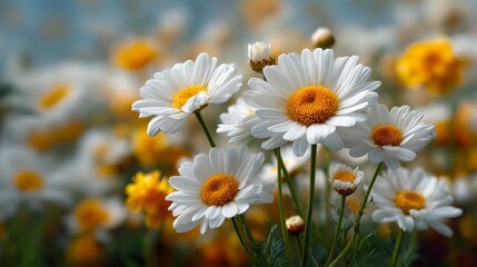 Fototapeta premium Chamomile Flowers With White Petals And Yellow Centers In Bright Sunlight