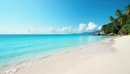Serene, turquoise water laps gently against a smooth, sandy shore under a clear sky Perfect for relaxation and tranquility themes , tropical, sand, landscape
