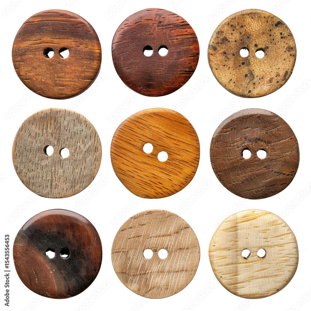 Poster wooden buttons in various colors and textures arranged in grid, showcasing their unique patterns and