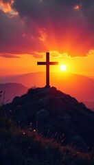 Silhouetted cross on a hilltop at sunset, symbolizing hope, faith, and redemption in the Christian faith A powerful image of spiritual peace and the promise of salvation , nature, belief