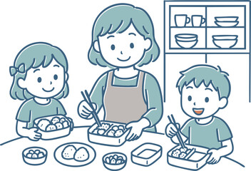 お弁当の用意をしている家族
Illustration of a family preparing lunch