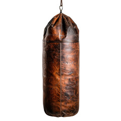 Vintage leather punching bag hanging against plain background, showcasing its worn texture and rich brown color, ideal for training and fitness