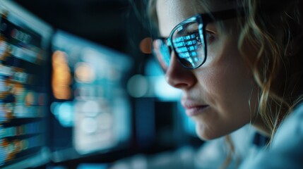 A determined woman in glasses is intensely focused on multiple screens filled with complex data, reflecting the high-tech nature of data analysis and a drive for accuracy.