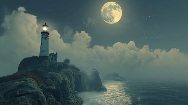 Misty coastal night scene with lighthouse
