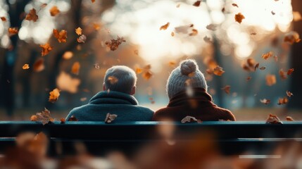 An intimate moment shared between an elderly couple sitting on a bench surrounded by falling autumn leaves, portraying love, companionship, and the beauty of aging.