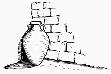 Obraz premium An illustration in hand-drawn charcoal sketch style featuring a clay vase against a brick wall 