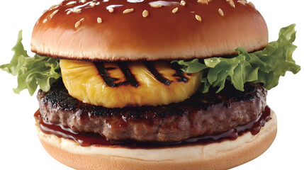 A close up of a burger with pineapple and lettuce on a sesame bun on transparent background png