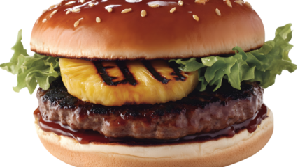 A close up of a burger with pineapple and lettuce on a sesame bun on transparent background png
