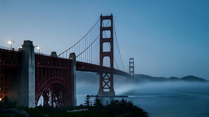 Fototapeta premium Golden Gate Bridge in Dense Fog at Dusk, 4k