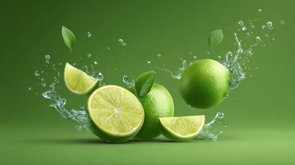 Fresh limes and splashing water on vibrant green background for creative design projects