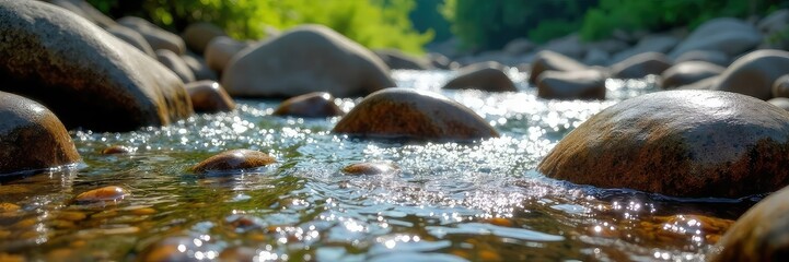 Smooth, colorful river rocks tumbling in a clear mountain stream Sunlight glints off the wet stones, creating a tranquil scene Perfect for nature, relaxation, and water themes , scene, vibrant