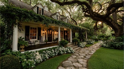 Southern-style home with wrap-around porch, white columns, and rocking chairs, bathed in golden light amid lush greenery. Classic elegance meets se