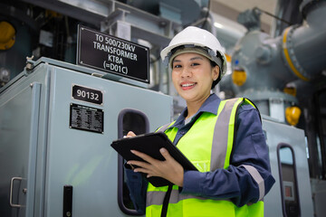 Engineer inspects gas insulated switchgear with tablet in industrial setting wearing safety helmet...
