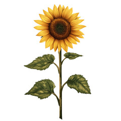 Fototapeta premium Single sunflower with vibrant yellow petals and dark brown center, green leaves on a tall stem