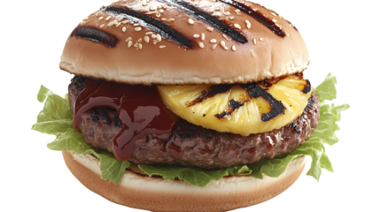 Close up of a burger with pineapple lettuce and barbecue sauce on transparent background png