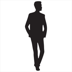 Obraz premium A black silhouette of a standing male figure in a suit, perfect for business, professional, or corporate design projects, ideal as a vector or graphic element