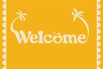 Wavy frame with Wecome text, yellow palms on white background. Vector set of palms for wedding invitations and greeting card design, Hawaiian concept, Summer concept,