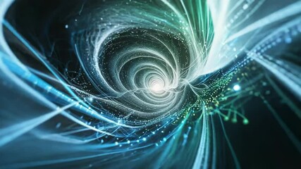 Faint filaments coalescing into spiraling vortex in cyberspace, with glowing core - Powered by Adobe