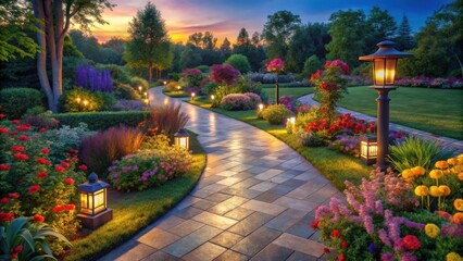 Obraz premium Evening Stroll Through a Serene Illuminated Garden Path Featuring Varied Blossoms and Soft Lighting